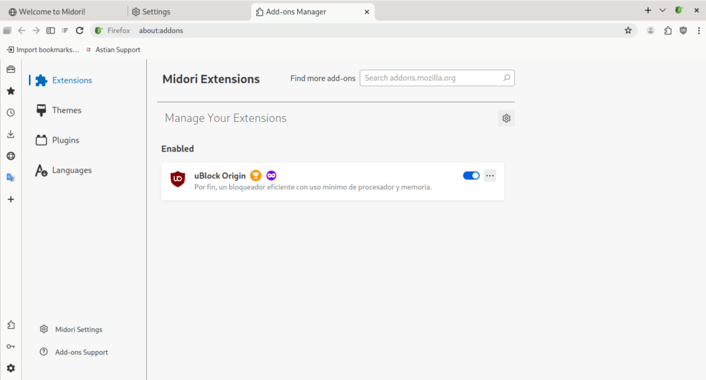 Midori extensions Manager