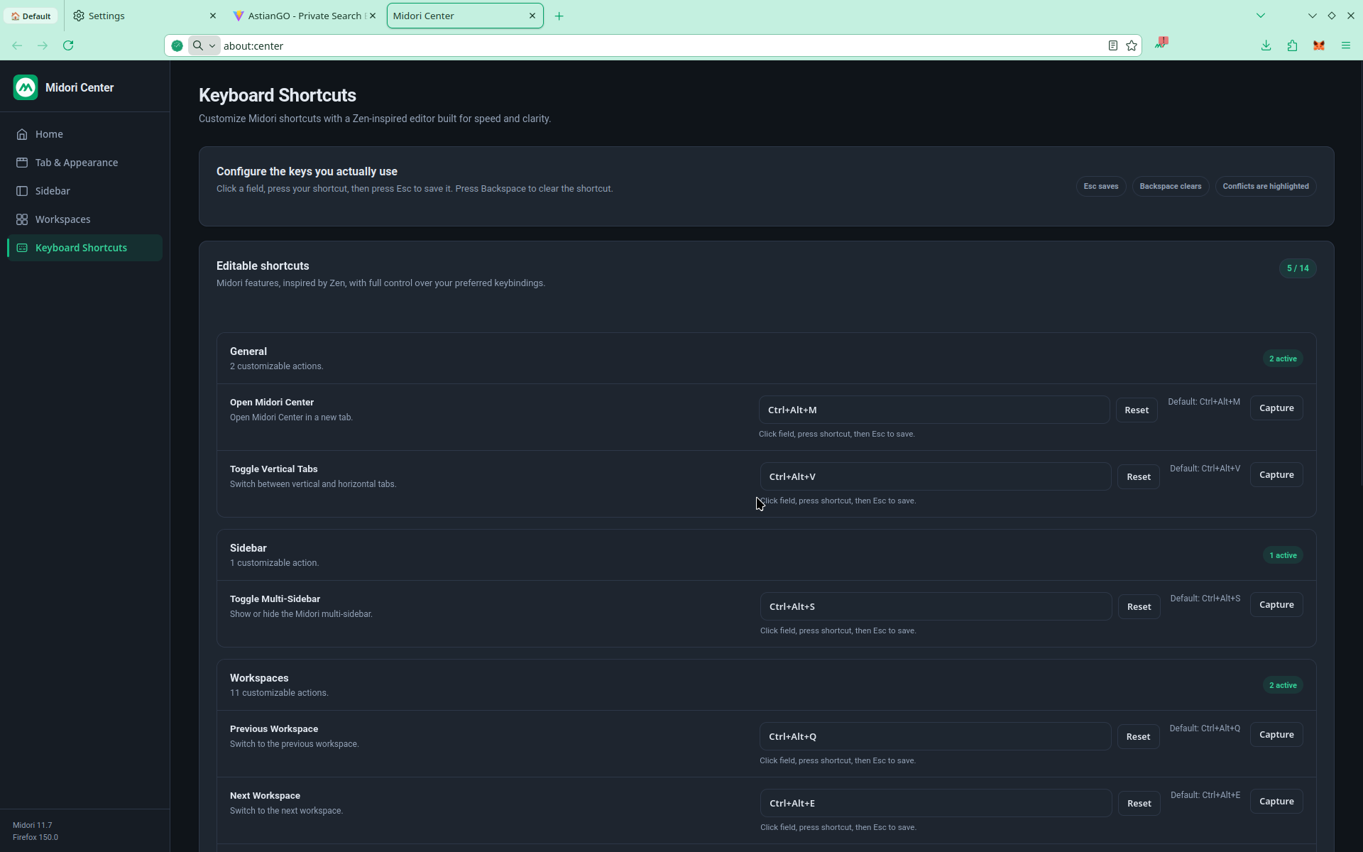 Midori Browser 11.7 include Shortcuts