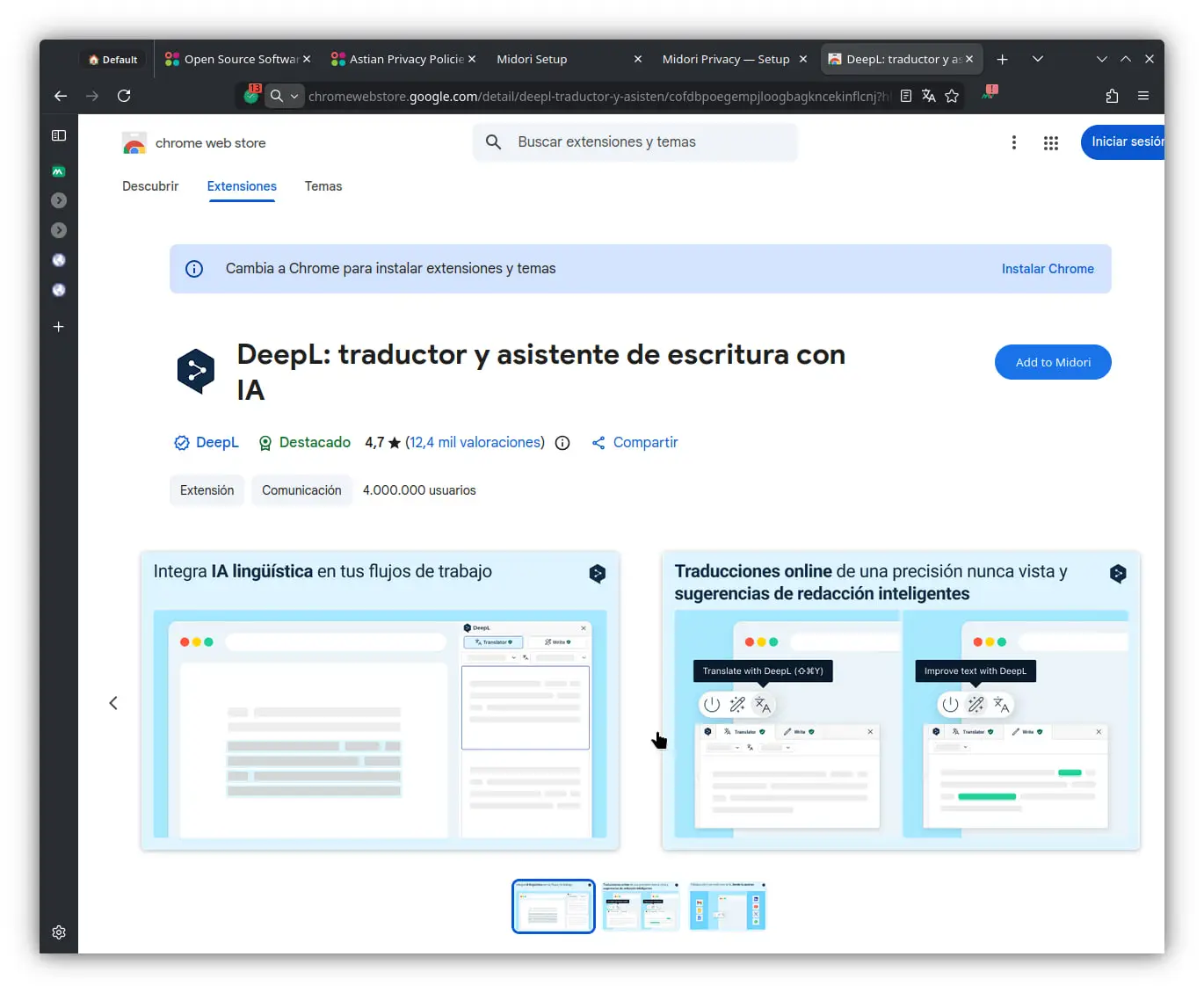 Midori 11.8 adds support for Chrome extensions